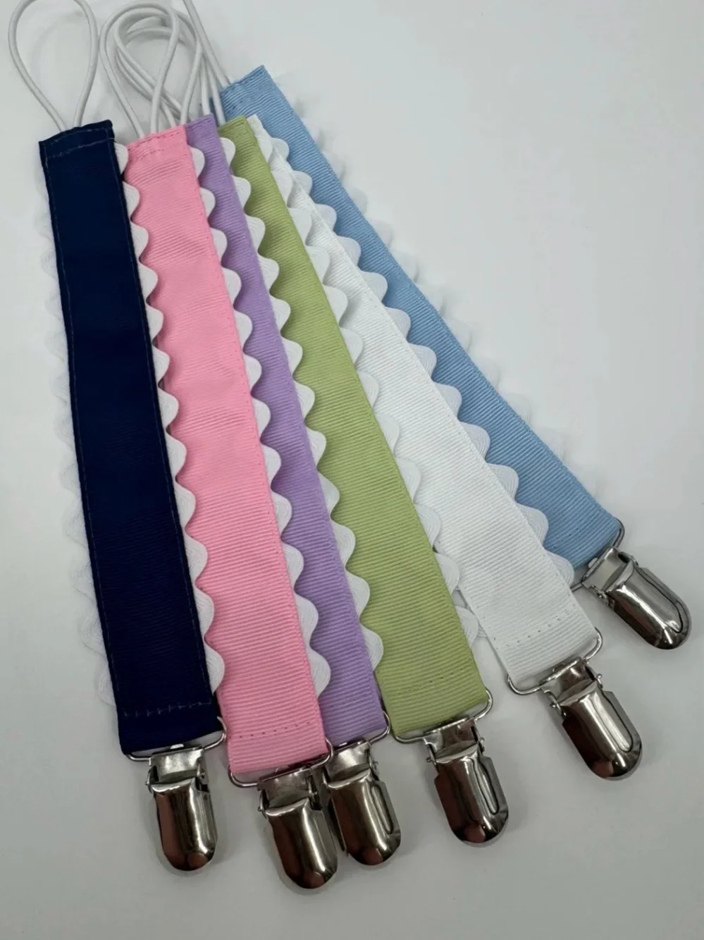 Assorted Pastel Pacifier Clips with Scallop Trim - Pack of 5 NEW